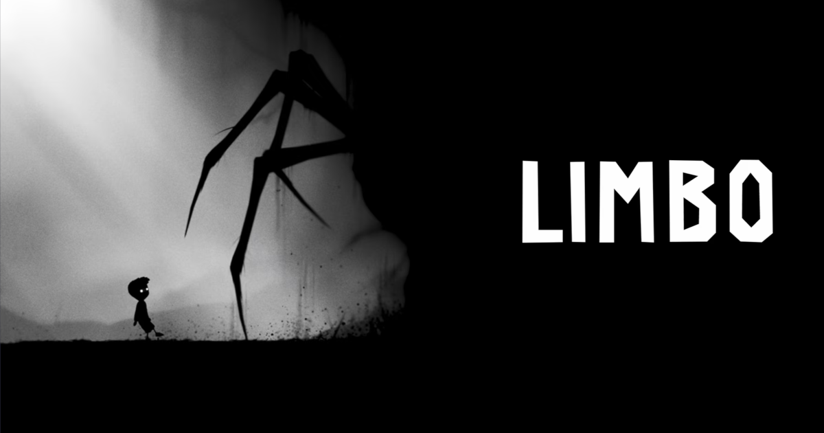 Limbo cover art, featuring a little boy being confronted by a big spider creature, hidden in the shadows