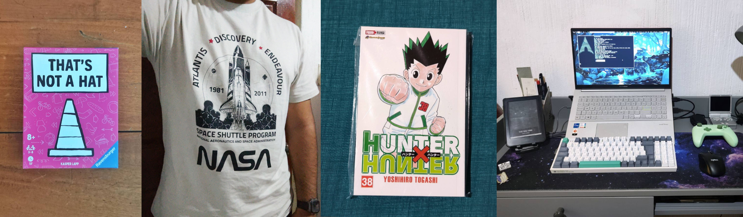 New card game, shirt, manga, desk, and keyboard