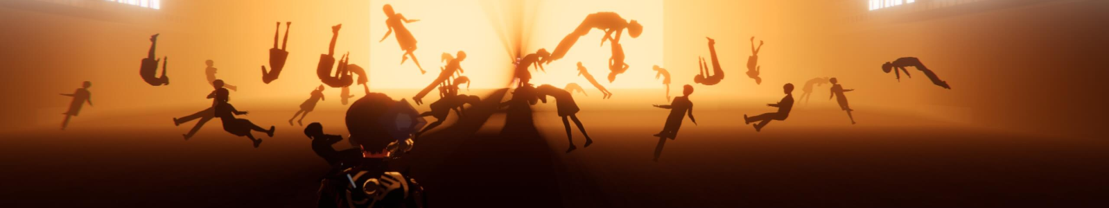 Watcher in front of a terrifying sight, motionless bodies floating in an gym, frozen in time, an orange light behind everything leaving only the shapes and no detail