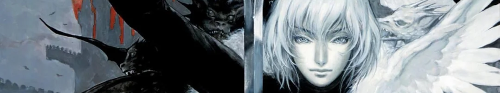 Official artwork from the game, Soma Cruz face close-up, a white haired young looking man, holding a sword, gargoyles can be seen in the background