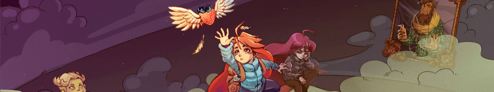 Madeline trying to reach a winged strawberry up in the clouds
