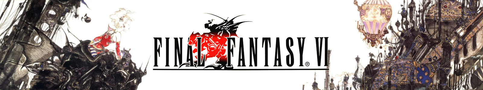 Terra riding a mech, staring at a city. The game logo in the middle of everything