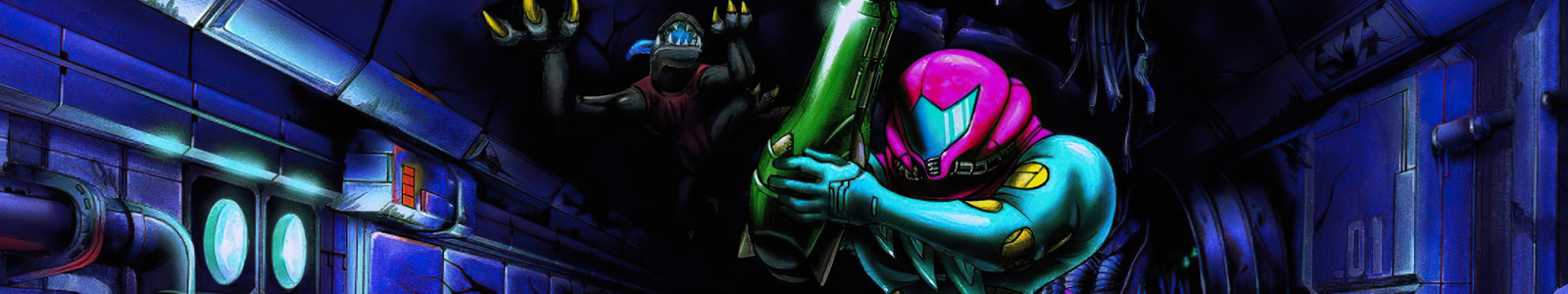 Samus ready for battle walking through a dark passage-way, an enemy hanging on the ceiling can be seen in the background