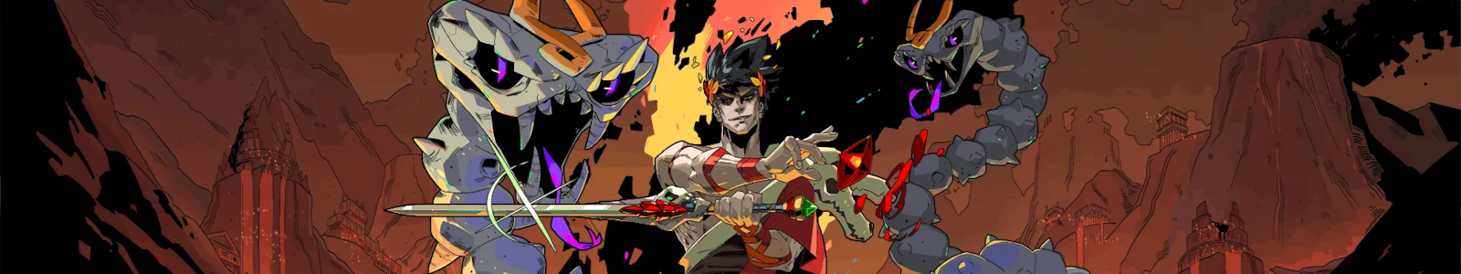 Official artwork from the game, Zagreus ready for battle, a Hydra in the background about to attack