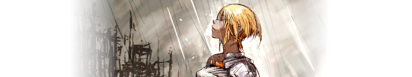 Jeanne looking at the sky with eyes closed, probably thinking about the tragedy that is war or something