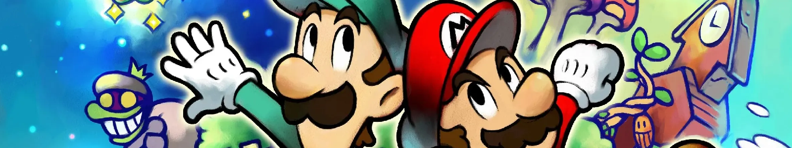 Official artwork from the game, a close up of Mario and Luigi surrounded by enemies, their expression ready for battle