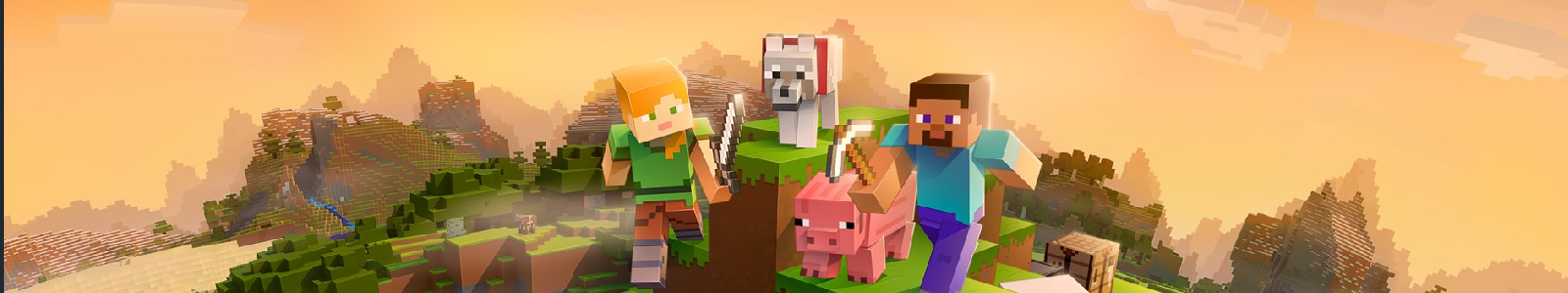 Official artwork from the game, Steve and Alex up a mountain with a dog and a pig