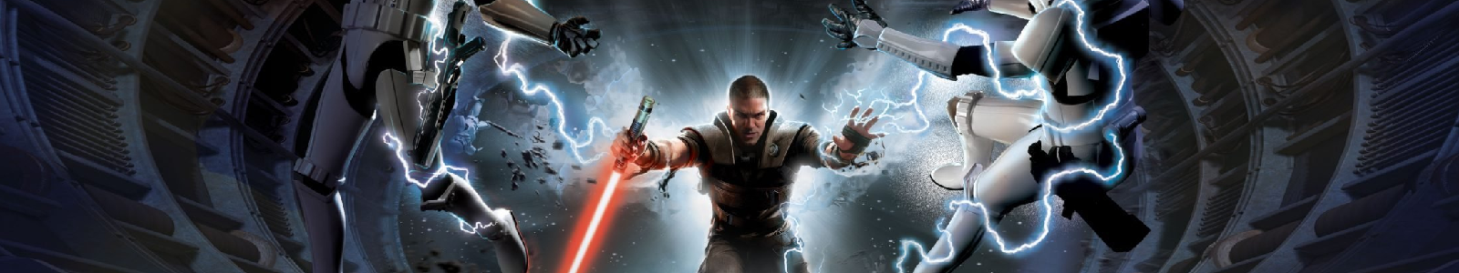 Official artwork from the game, the secret apprentice force-pushing some storm troopers, while holding a red lightsaber