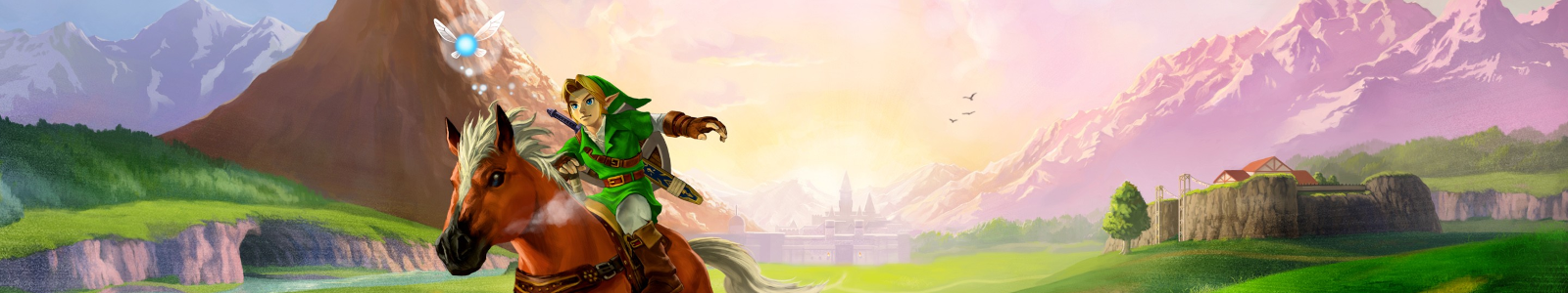 Link riding Epona alongside Navy, in the background, the Hyrule field, the LonLon ranch and Death Mountain at the distance.