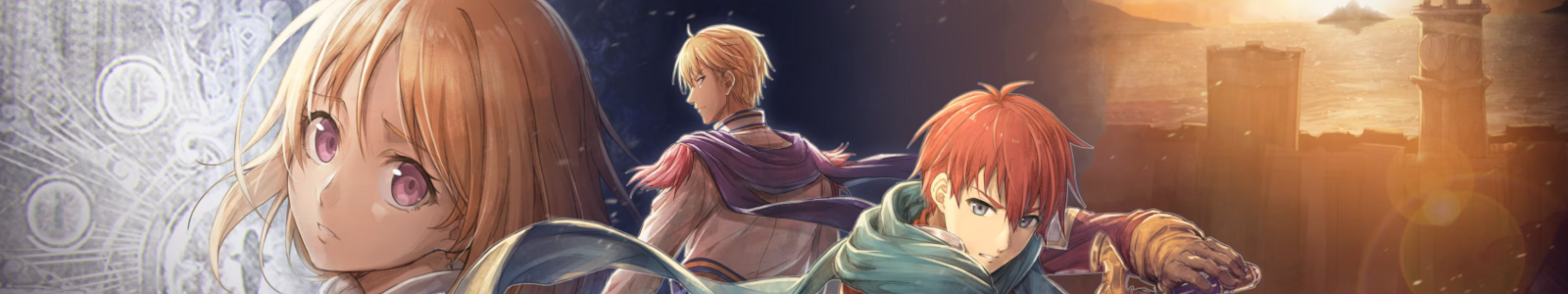 Official artwork from the game, the three main characters posing, Adol ready for battle, Chester from afar and distant, Elena making eye-contact with the viewer