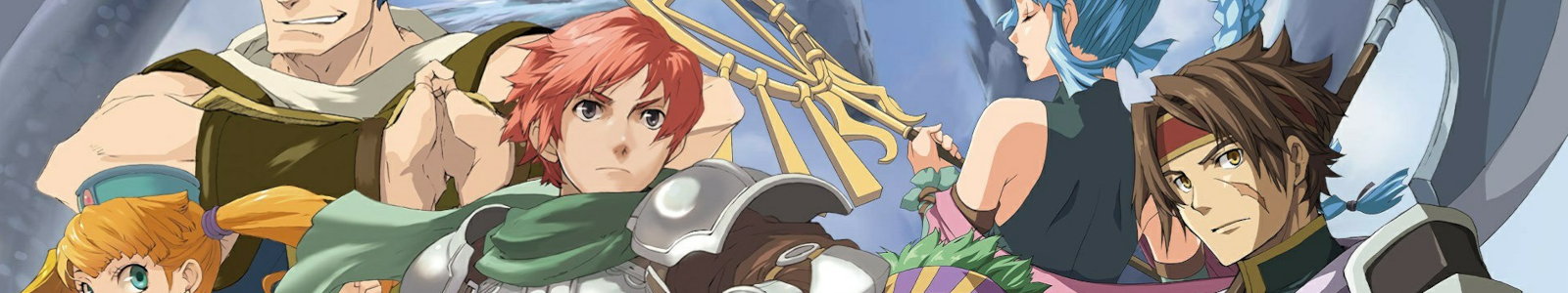 Official artwork from the game, the Adol staring at the distance wearing armor, a variety of characters by his side in various poses