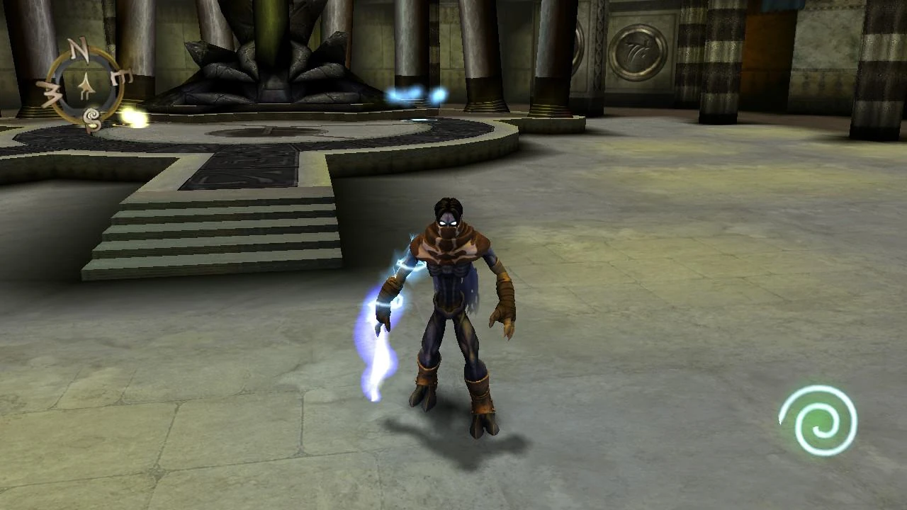 Raziel standing in front of some ruined pillars, a sword, the Soul Reaver, in hand.