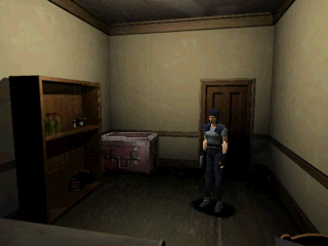 Jill makes it to a save room, an item box seen in the background