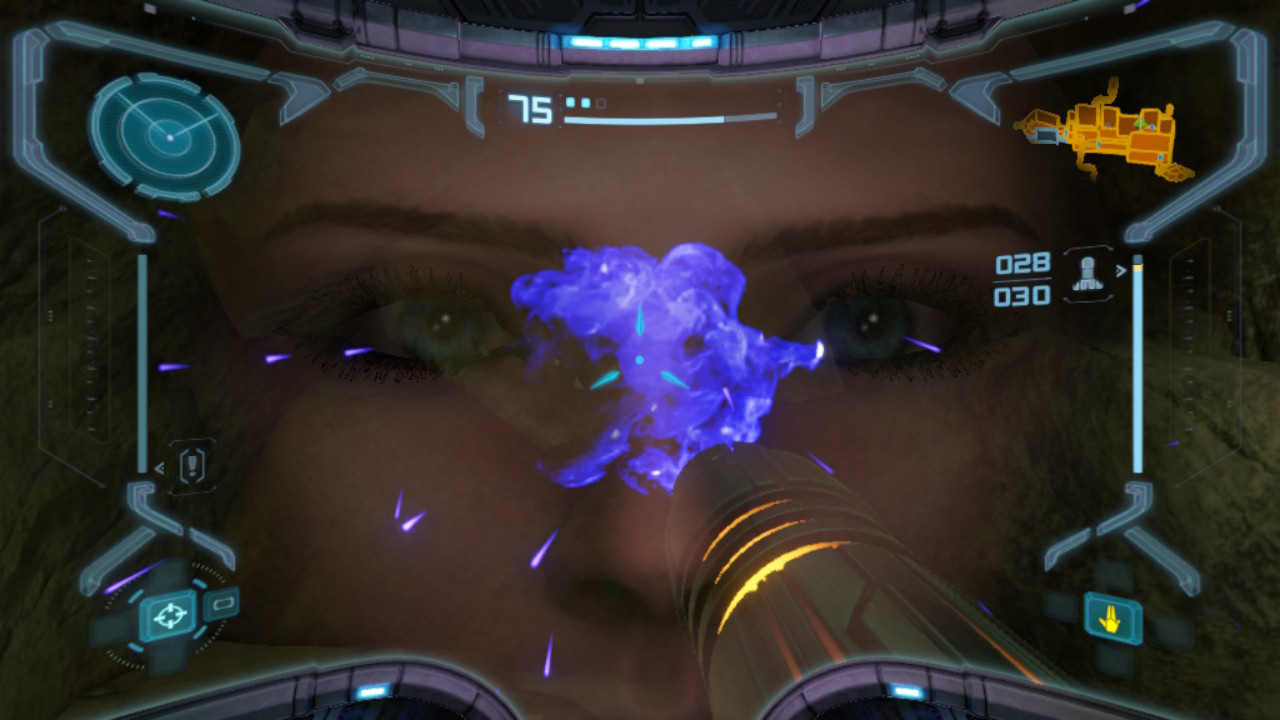 Samus' face is reflected in the visor